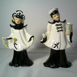 Vintage Asian Couple Figurines California Pottery Florence Ceramics Black/White